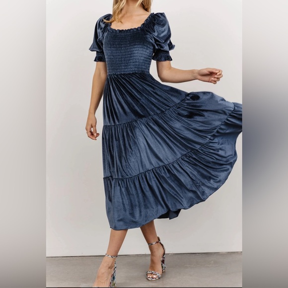 Baltic Born Women's Vivaldi Smocked Velvet Midi Dress Size XL Blue NWOT - Picture 1 of 6